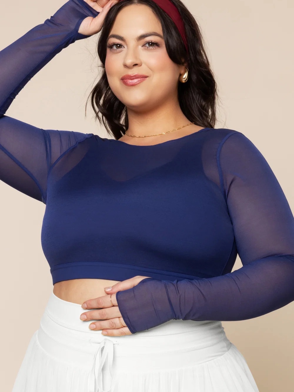 POPFLEX Sheer Long-Sleeve Navy Crop Top